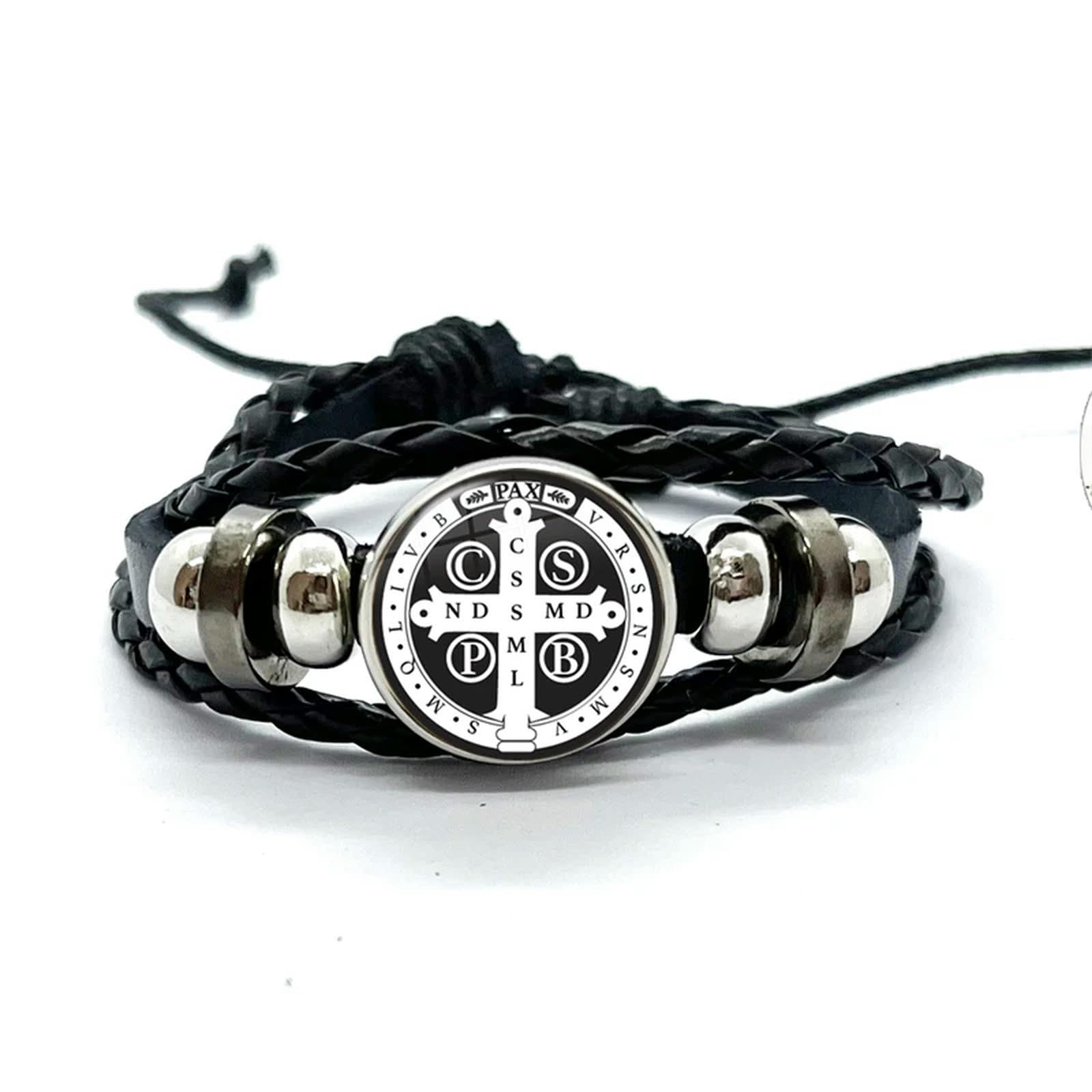 LWXLPSaint Benedict Medal Leather Bracelet Catholic San Benito Glass Dome Snap Buttons Bangles Men Women Jewelry Accessories