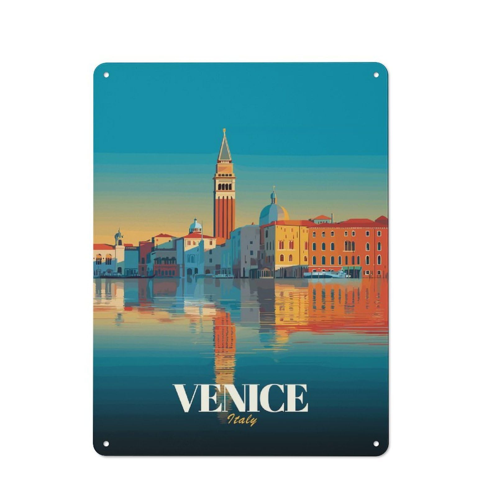 Junmoney Style Venice, Italy Cityscape Illustration Vintage Metal Wall Decor 40X30cm, Vintage Metal Sign For Hallway, Home Bar, Garage Or Study
