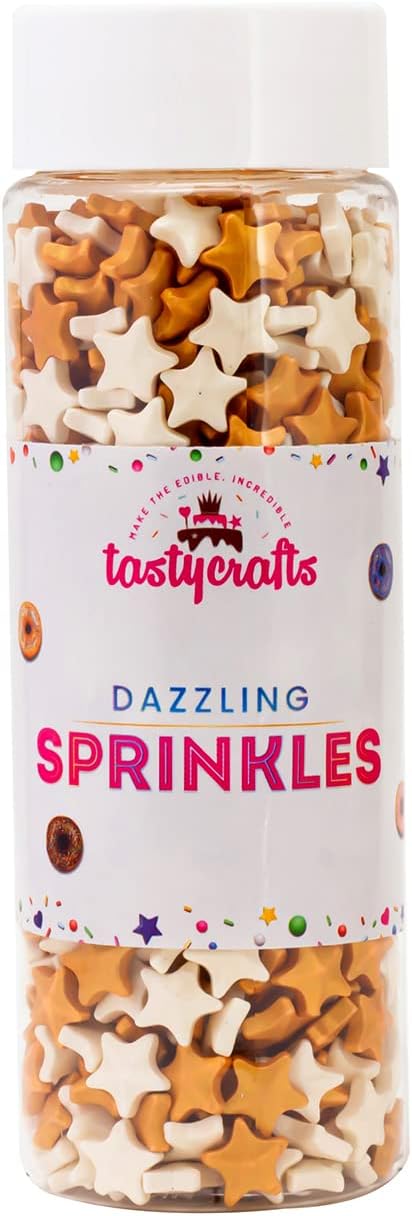 Tastycrafts Edible Star Shaped Sugar Sprinkles for Cake Decoration | Star Candy for Cake Decor | for Cake Decorations & Toppings | for Dessert, Cakes, Cupcakes, Waffles, Cookies (Gold & White)