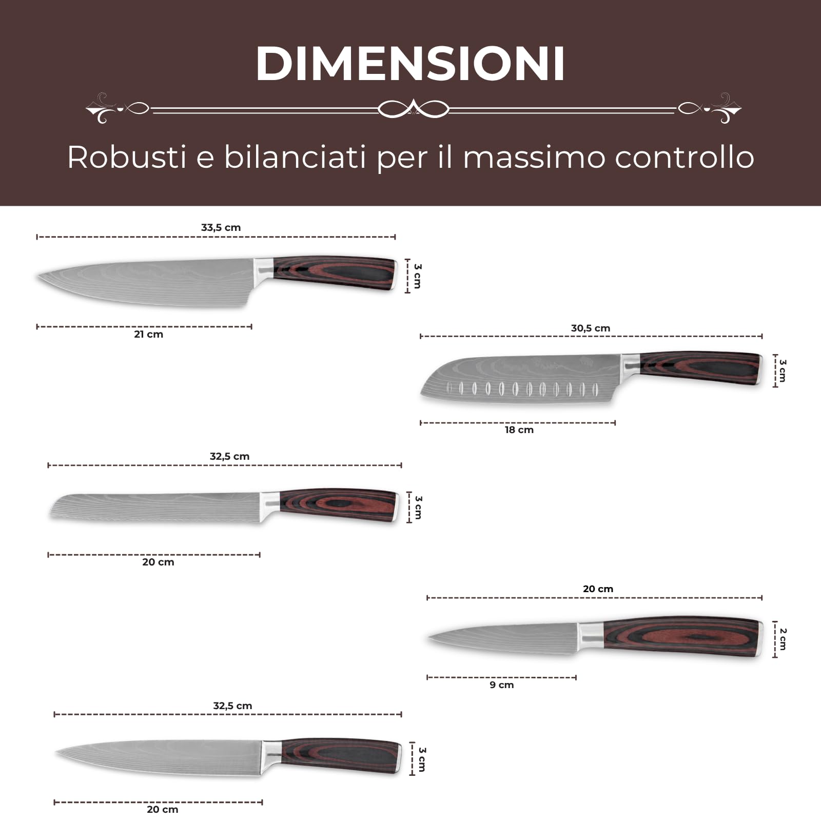 Set Coltelli Cucina 5 Pezzi Multiuso in Acciaio Inox, Chef Santoku Pane Utility e Spelucchino, Coltelli Cucina Professionali per Carne Verdure Pane e Pesce, Lama Affilata e Bilanciata, Idea Regalo