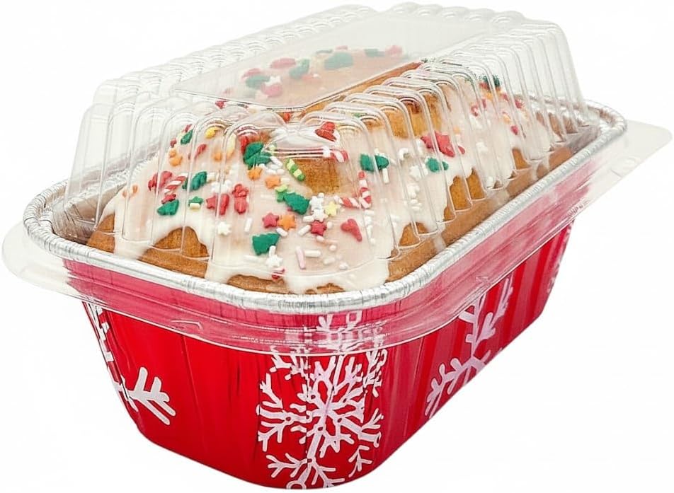 PACTOGO Disposable 1 lb. Red Holiday Christmas Snowman Aluminum Foil Small Mini Loaf/Bread Baking Pans with Clear Dome Lids (Pack of 200 Sets)