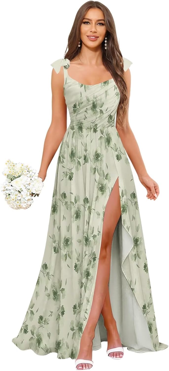 Ruched Chiffon Bridesmaid Dresses for Women Long Bow Straps Formal Evening Dress with Slit