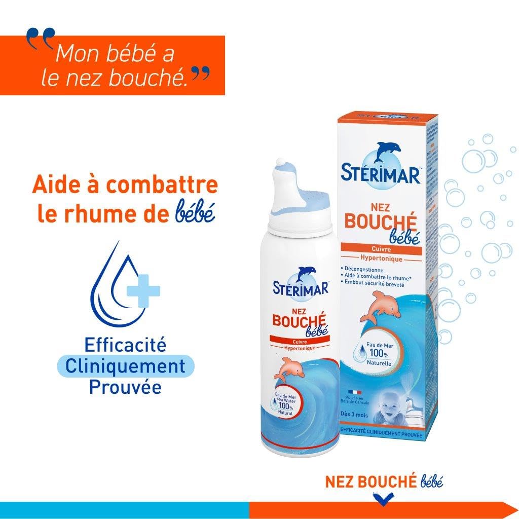 STÉRIMAR Nez Bouché Bébé - Spray Nasal pour Bébés à partir de 3 mois, Débouche le Nez, à l'Eau de Mer 100% Naturelle & Cuivre, Formule Hypertonique, 100 ml