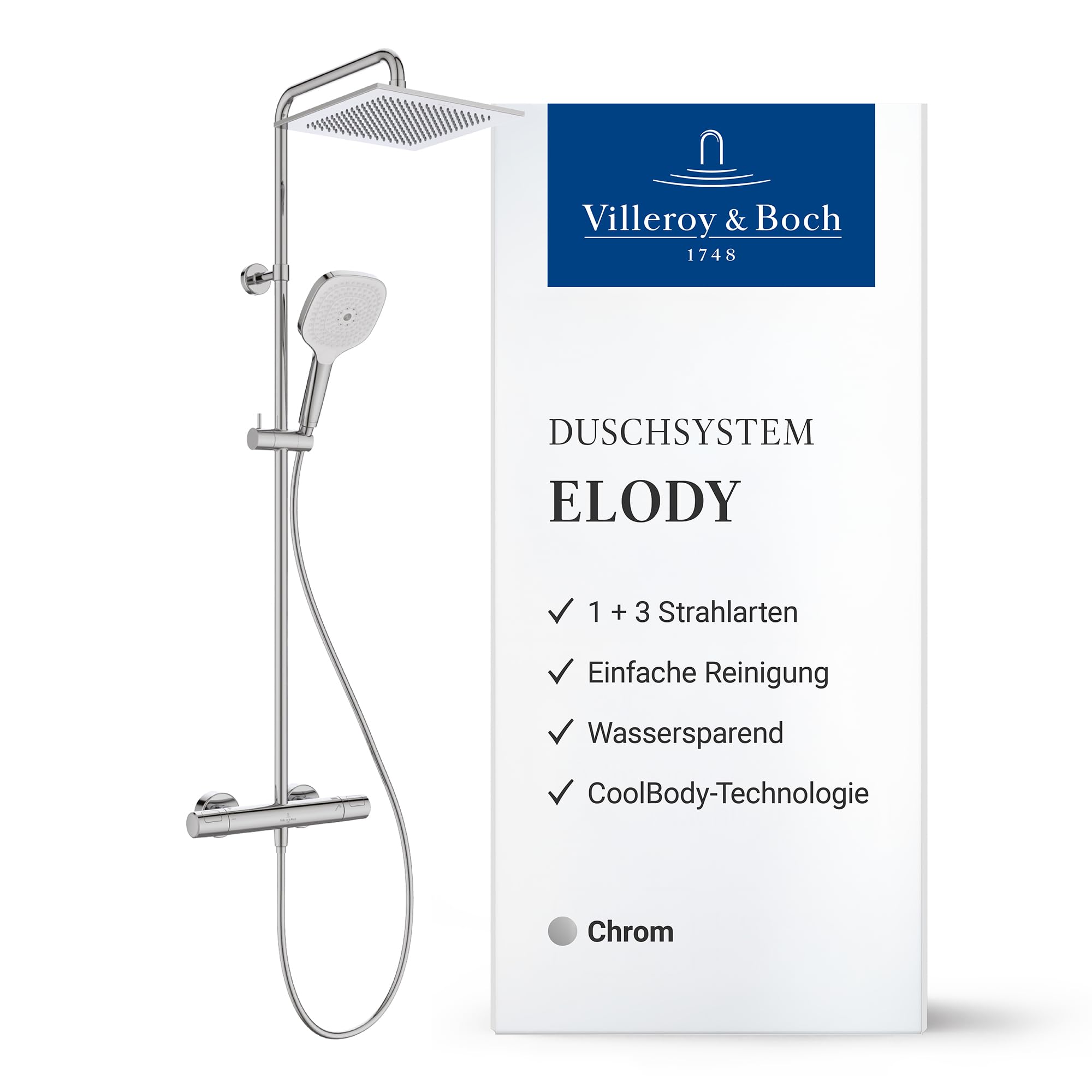 Villeroy & Boch Elody Duschsystem, Komplettset mit Thermostat – Chrom | Regendusche, Handbrause mit 3 Strahlarten, wassersparend, TVS13000100061