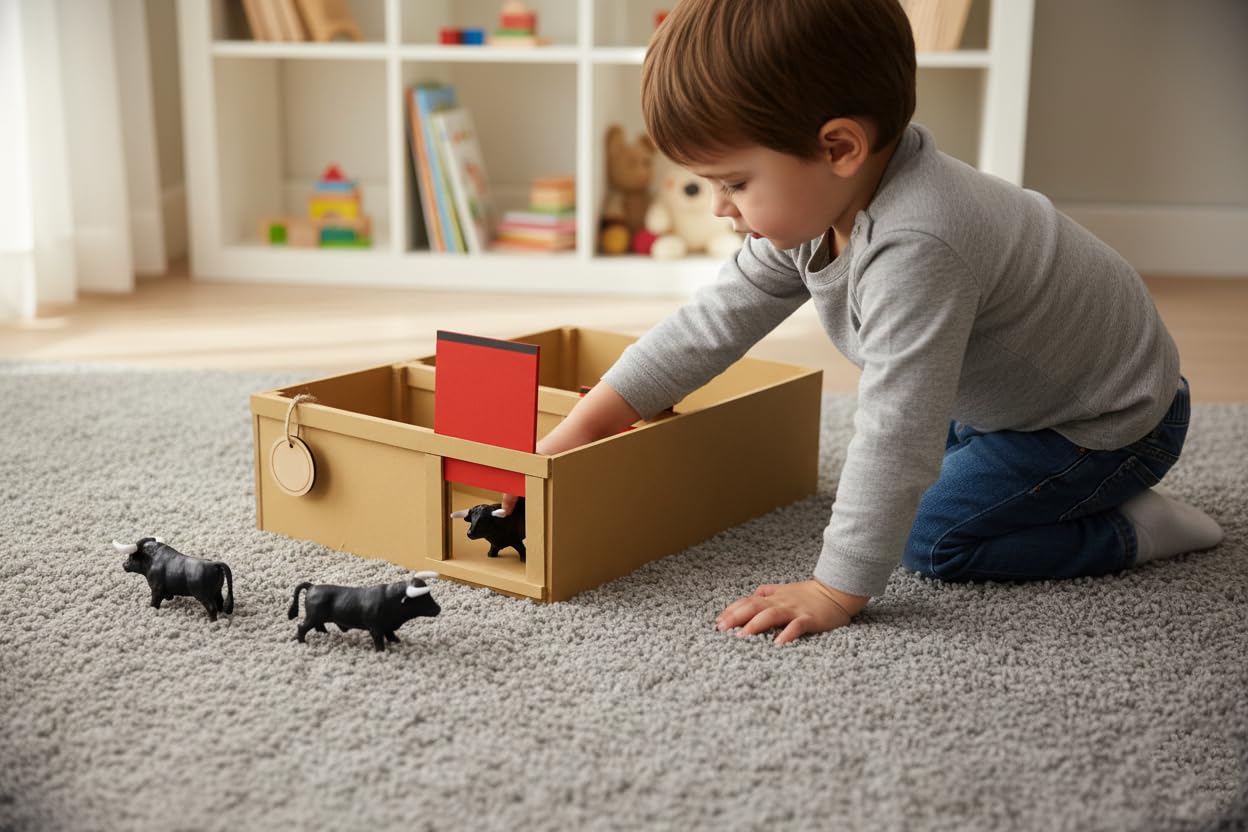 TOROS DE Juguete con Toril Artesanal DE Madera para Plaza TOROS Juguete Pack Infantil Completo Incluye 4 TORITOS Negros Miniatura Corral Tradicional Medidas 33X24X11 CM