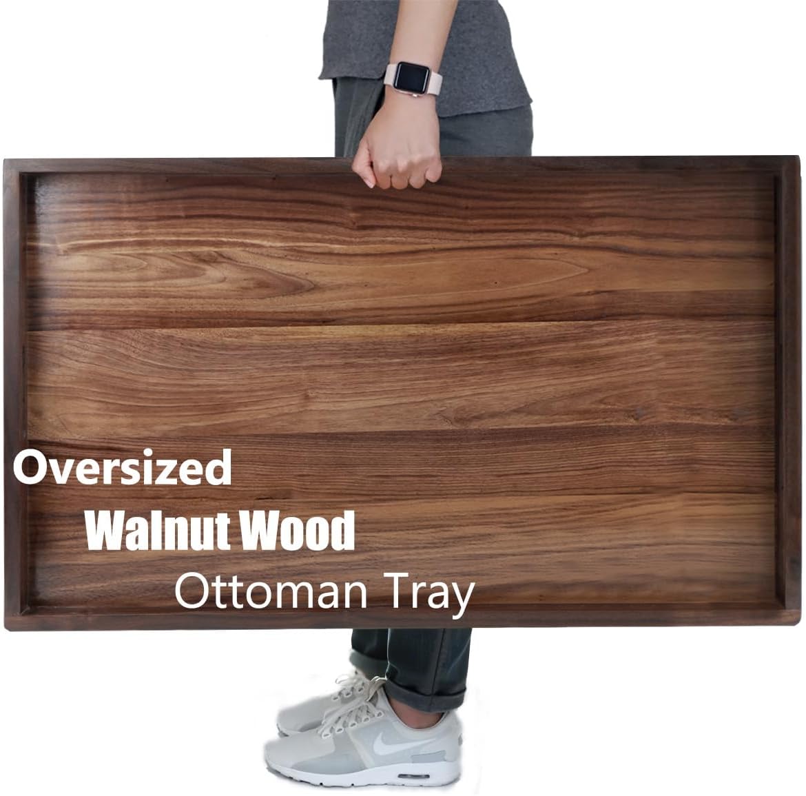 34 x 20 Inches Extra Large Rectangle Black Walnut Wood Ottoman Tray with Handles, Serve Tea, Coffee Classic Wooden Decorative Serving Tray