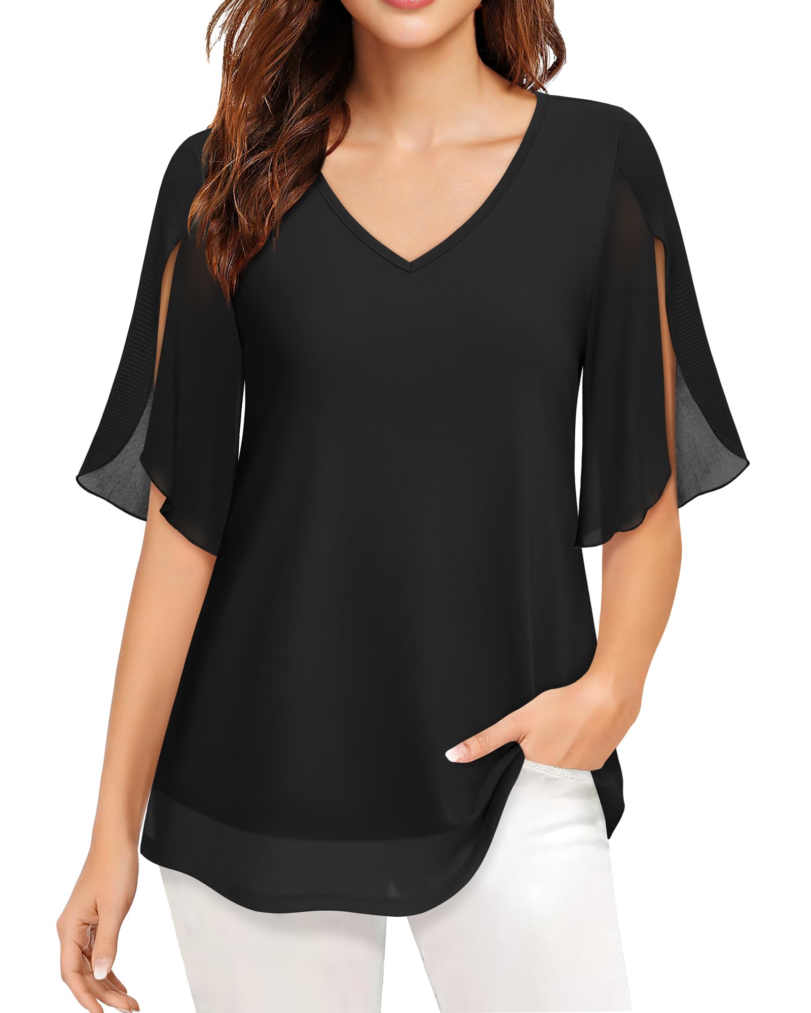 LotusmileSummer Layers Mesh Blouse Ruffle Short Sleeve Work Shirts Dressy Casual Tops for Women