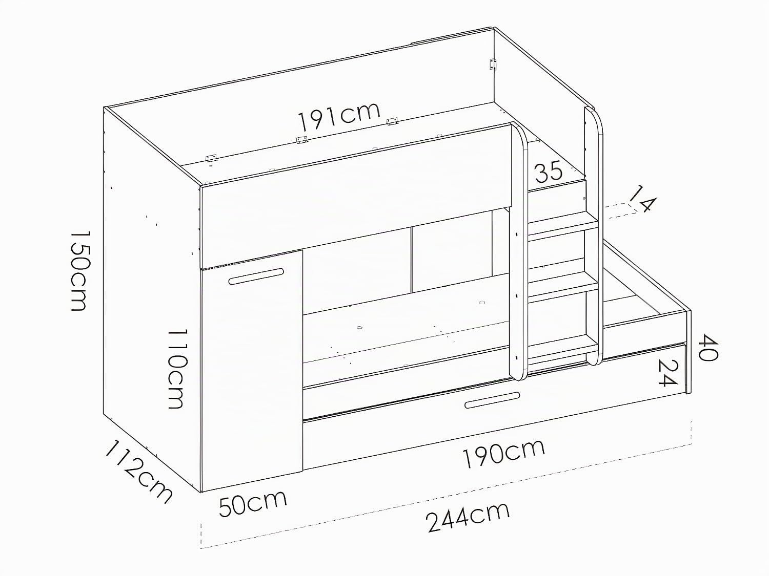 DEKIT GRUPO RIMOBEL TOM - Cama trem con armario y cama arrastre - Blanco/Esmeralda - 150 X 244 X 112