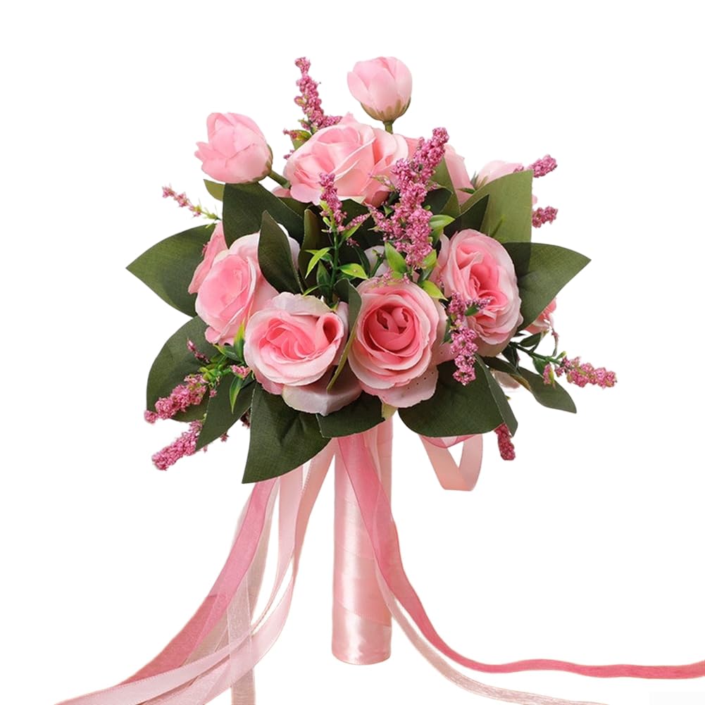 Bouquet di fiori artificiali per damigelle d'onore, rose in seta, design peonia, leggero, 22 cm, blu e viola (rosa)