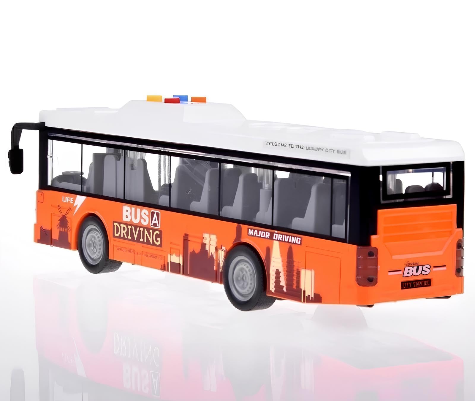 Bus Spielzeug Lichter und Sound Bus groß 28 cm Pullman Spielzeug für Kinder Lichter Geräusche Reibungsbewegung Türen öffnen Schule Buss Multifunktions Maßstab 1:16, verschiedene Farben zufällig