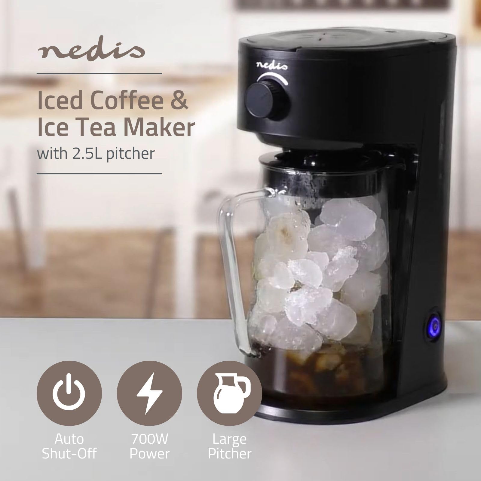 Nedis KAICM200FBK Eiskaffee- und Eistee-Zubereiter – 2,5 l Fassungsvermögen – Für bis zu 6 Tassen – Mit Filtereinsatz – Schnellbrühfunktion – Schwarz