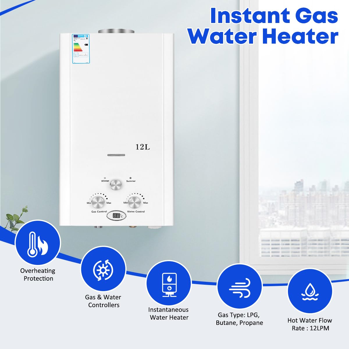 Xverycan Calentador de agua de gas de 12 litros, 24 kW, GLP, propano butano, sin tanque, para uso doméstico, camping, caravanas, cabinas al aire libre, graneros