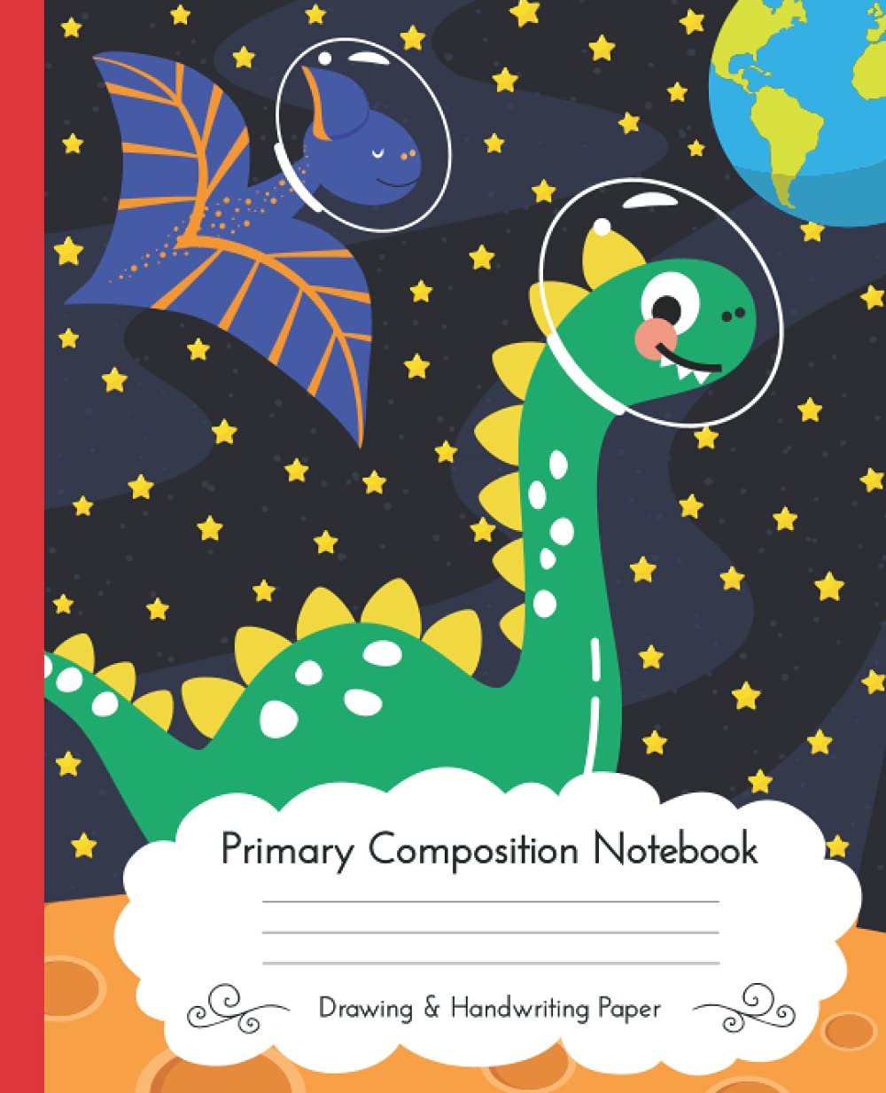 Primary Composition Notebook K-2: Astronaut Dinosaur | Handwriting paper with raised lines | Picture space with dotted midline | Primary journal ... paper with lines for ABC kids | 120 Pages