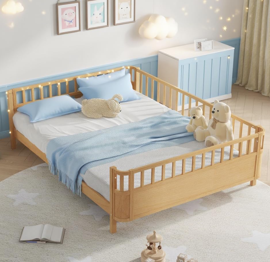 Bellemave Queen Size Floor Bed with high Rails for Kids, Girls, Boys, Wood Montessori beds with Fence, Kids Bed with Rails, Natural