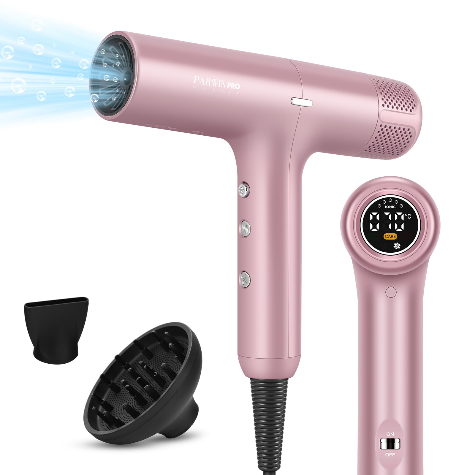 PARWIN PRO BEAUTY Sèche-cheveux ionique unique moteur sans balais de 110 000 tr/min à faible bruit microfiltre innovant diffuseur magnétique écran LCD pour la maison le salon et les voyages (Rose)
