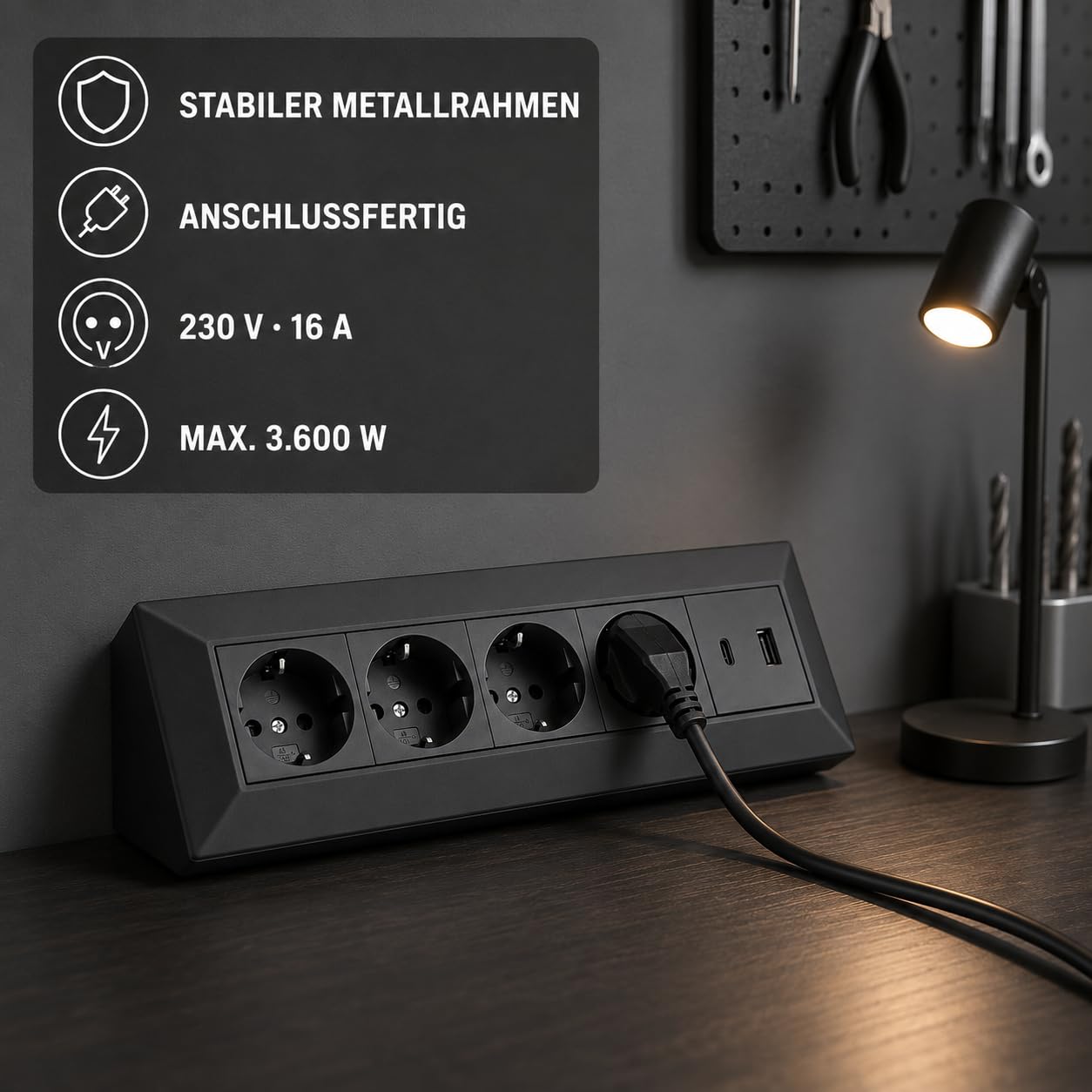 Steckdosenblock 4-Fach & USB-A/C schwarz - hochwertige Steckdosenleiste Ecksteckdose Tischsteckdose Mehrfachsteckdose - für Küche, Werkstatt, Arbeitsplatte, Möbel-Steckdose, Schreibtisch