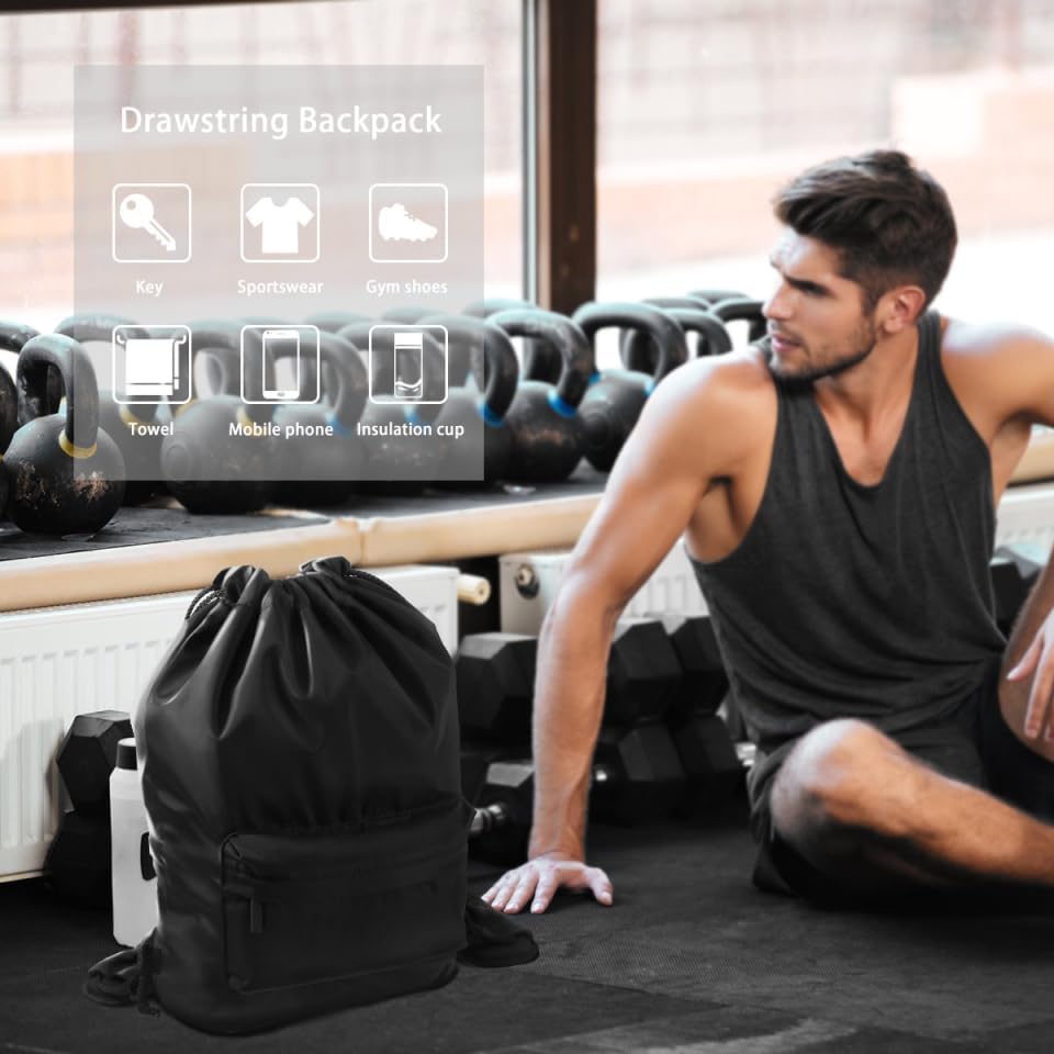 Miniatura 2 de Mochila deportiva ligera con cordón, mochila multiusos para viajes, para mujeres, hombres, gimnasio, deportes, yoga, Negro -, Mochilas Daypack