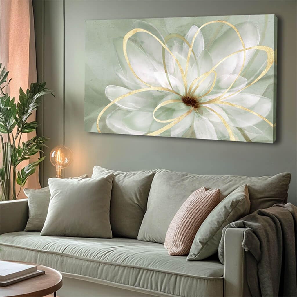 Flower Wall Decor White Blossom Plant Gold Line Canvas Painting Modern Hand Painted Wall Art for Living Room Bedroom Office 29x58 Inch 29"x58" Green