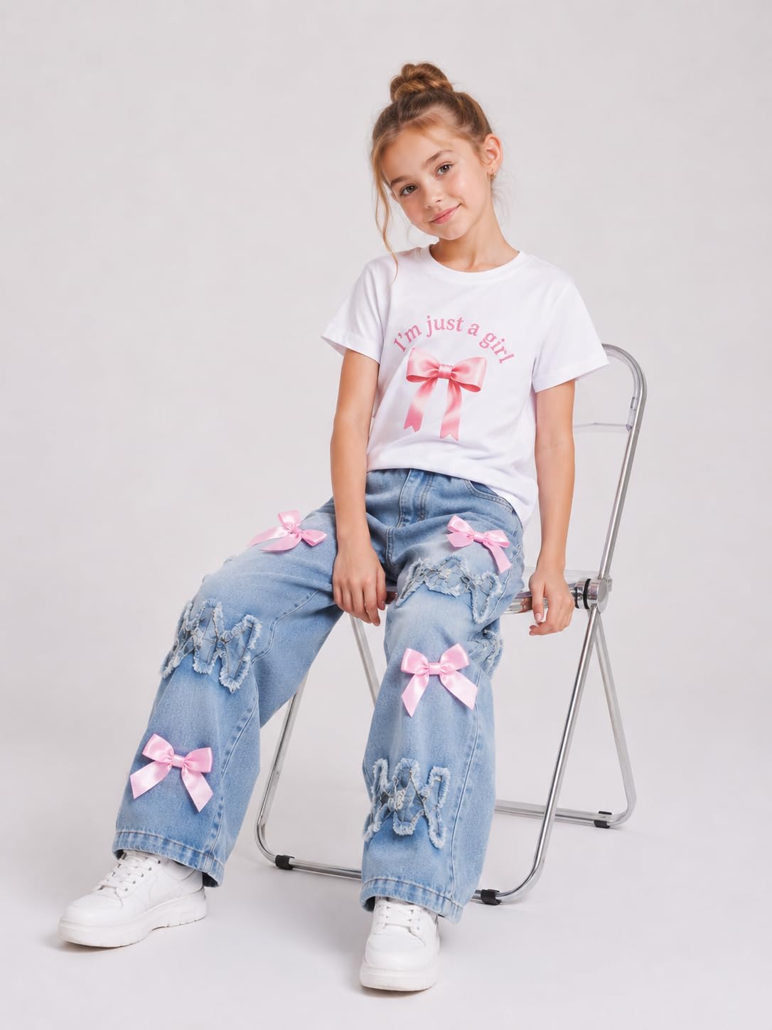 Cakaner Toddler Girls Clothes 2 Piece Cute Shirt and Wide Leg Jeans Kids Clothing Set Size 4-8