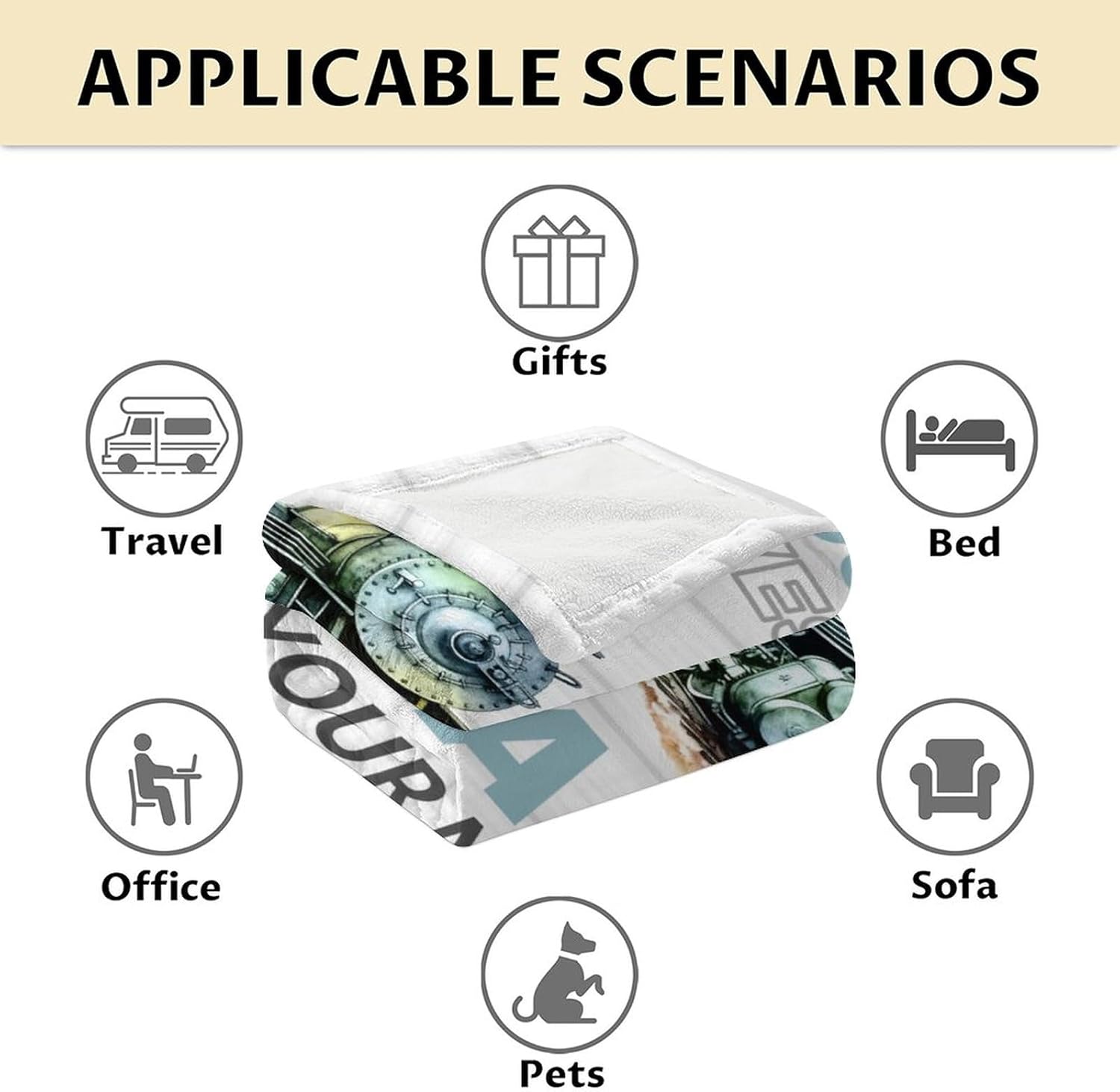Personalized Train Blanket with Name - Soft, Fuzzy & Warm - 60"x80" Twin Size Blanket for Bed, Couch & Living Room - White Cute Throw Gifts for Boys
