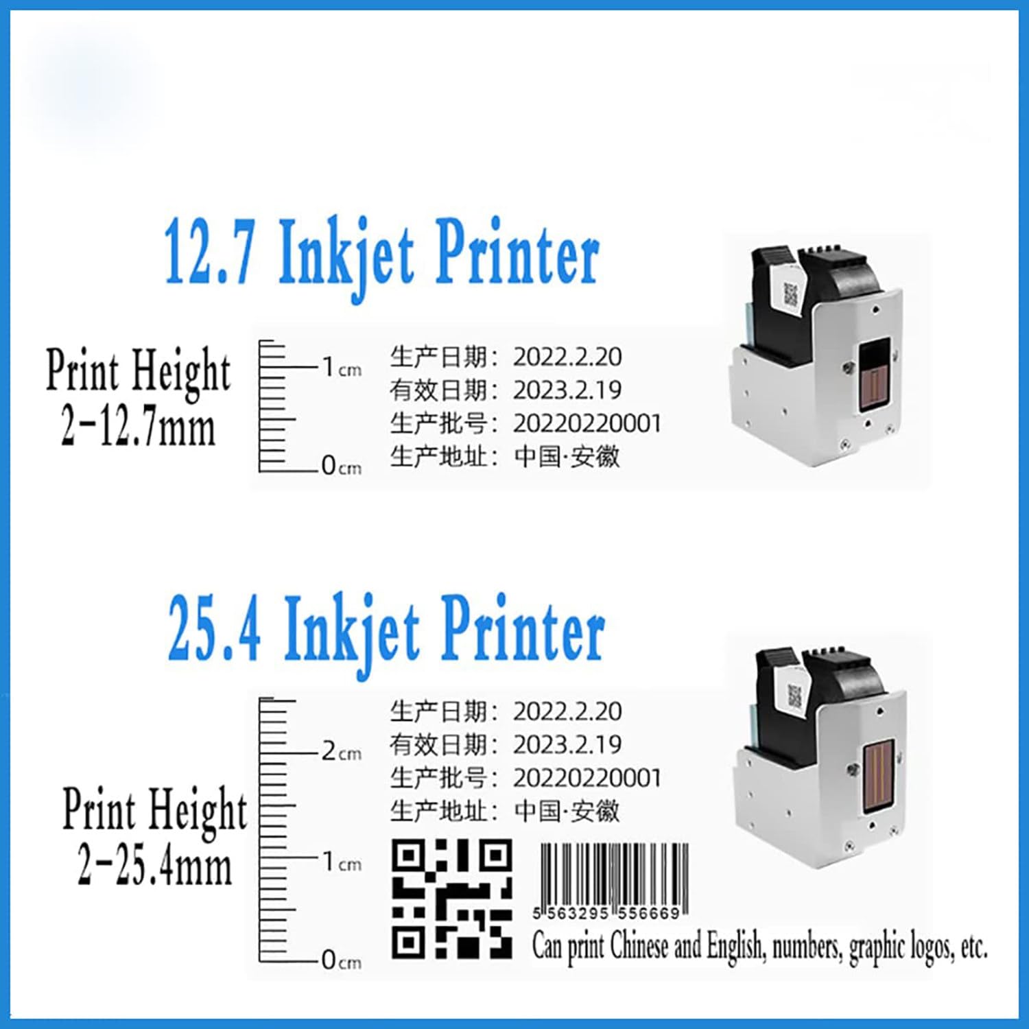 Automatyczna maszyna do kodowania atramentowego 12,7 mm / 25,4 mm dla linii produkcyjnej,inteligentne zmienne dane/data/logo/kod kreskowy/obraz Termiczna drukarka atramentowa 12.7mm-110V