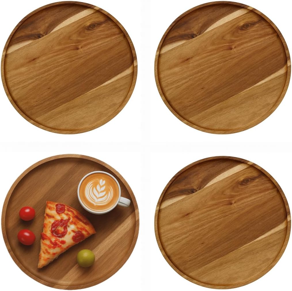 JB HOME COLLECTION, Pack of 2 Round Wooden Serving Trays, 12.5" Acacia Wood Food Serving Charger Platters – Rustic Tea, Coffee, Snack & Fruit Display Trays