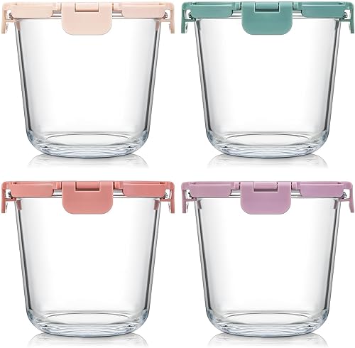 Tapa mejorada 4 juegos de 3 tazas de recipientes de vidrio para preparación de comidas con tapas, tarros de almacenamiento de alimentos para sobras