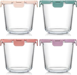 [UPGRADED LID] 4 Sets 3 Cup Glass Meal Prep Containers with Lids, Food Storage Bowl Jars for Leftover Lunch Meal Oats Salad Soup Fruit Snack Yogurt - Microwave, Oven, Freezer Safe, BPA Free, Airtight