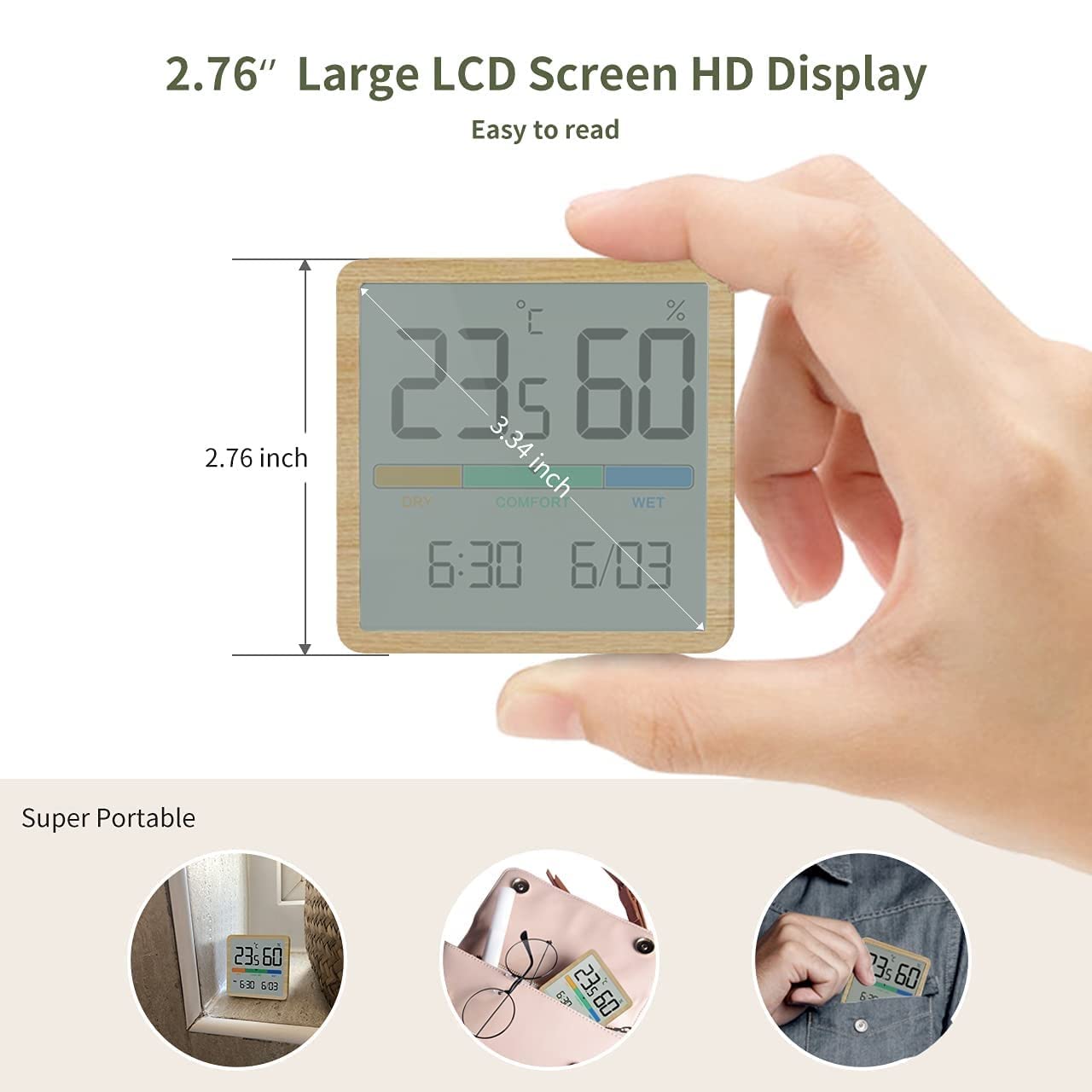 JFDBGU Reloj Digital LCD, medidor de Humedad, termómetro Interior, higrómetro, hogar, Oficina, Mesa de Escritorio, medidor de Temperatura y Humedad(3-Pack)