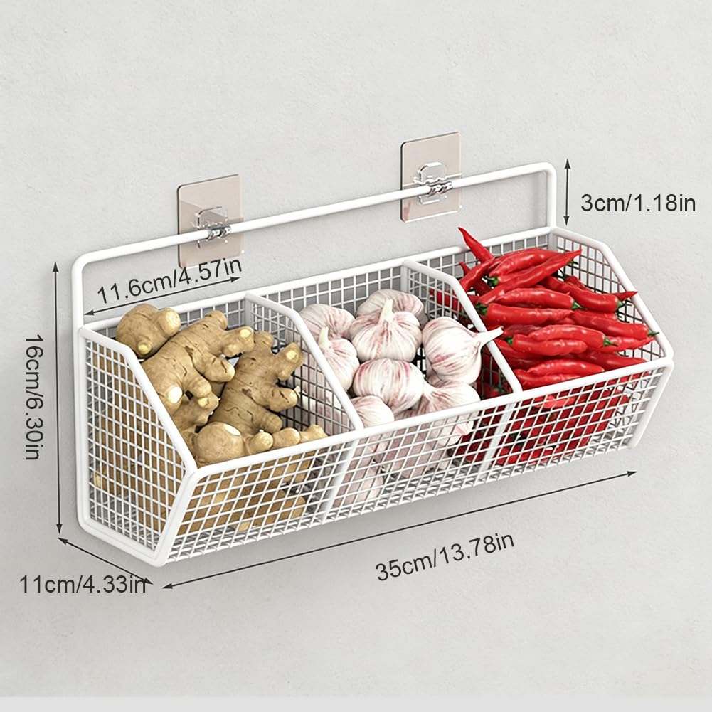 Obstkorb Hängend, Wandkorb Metall mit 3 Fächern, Hängekorb Küche ohne Bohren, Obstkorb Wand, Obstständer Obstregal, Wand Aufbewahrungskörbe für Gemüse, Obst und Brot (Weiß)