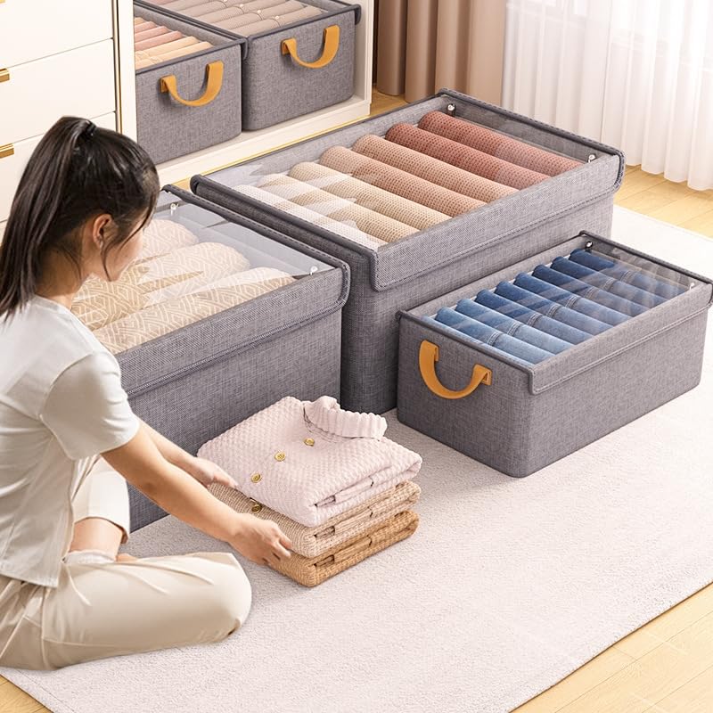 Scatola portaoggetti pieghevole con finestra trasparente, organizer in tessuto con manici (grigio, 50 x 44 x 32 cm)