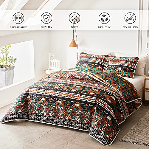 Flysheep 3-Piece Boho Full Queen Quilt Set For Summer, Brown Southwestern Style Bohemian Tribal Striped Exotic Lightweight Bedspread/Coverlet, Brushed Microfiber For All Season - 92X90 Inches #TOP2