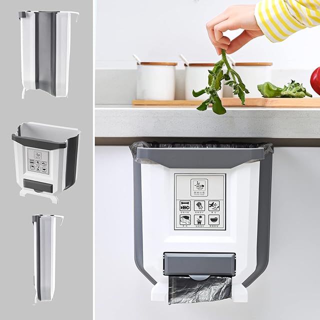 Lenfuos Kitchen Bin Wall Mounted Foldable Hanging Trash Can, 8L Waste Bin Small for Kitchen Cupboard Door/ Car/ Bedroom/ Bathroom (White)
