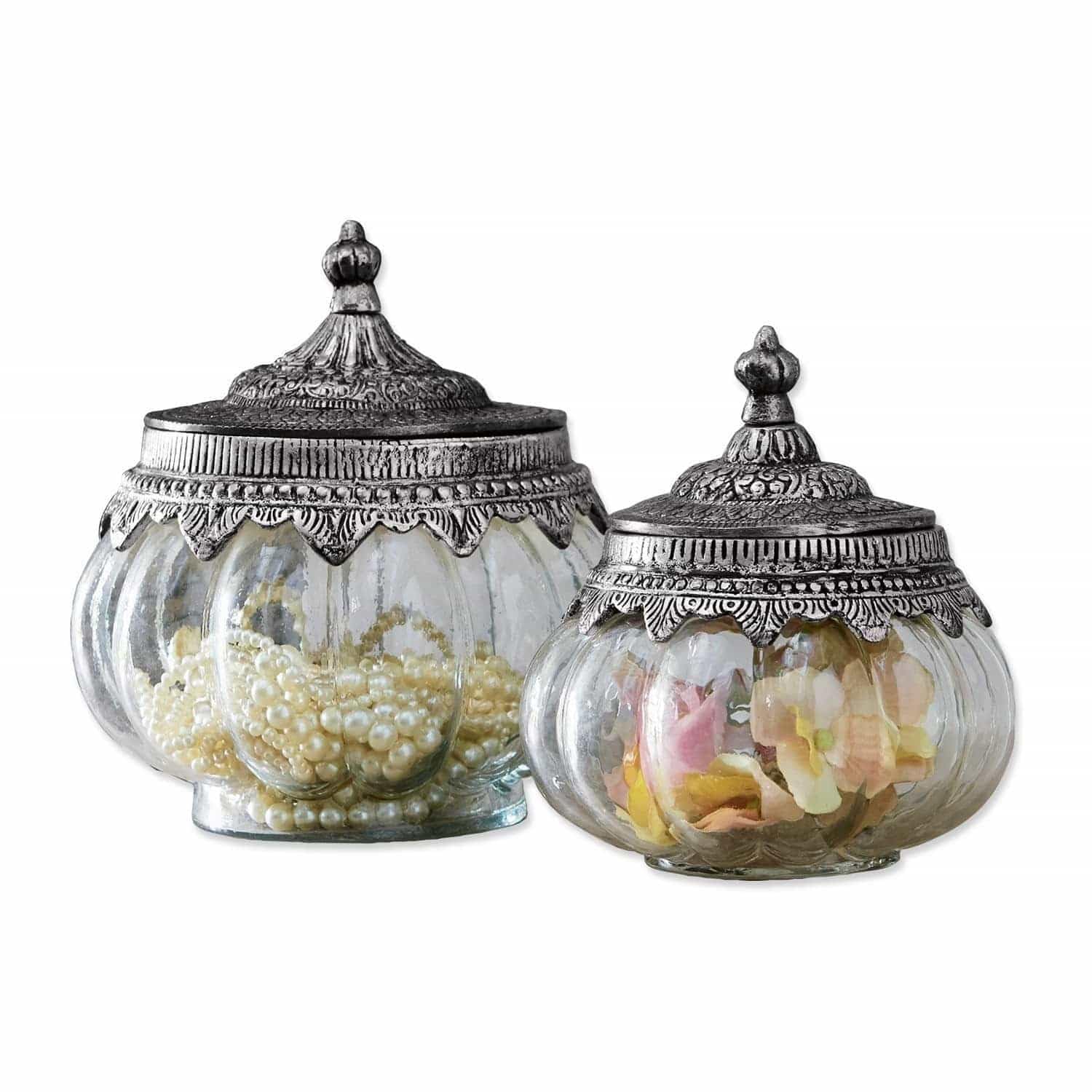 Loberon Madelon Coppia di contenitori in Vetro - Coperchi di Ferro Decorati artisticamente - Vetro dalla Forma Meravigliosa, Trasparente/Argento