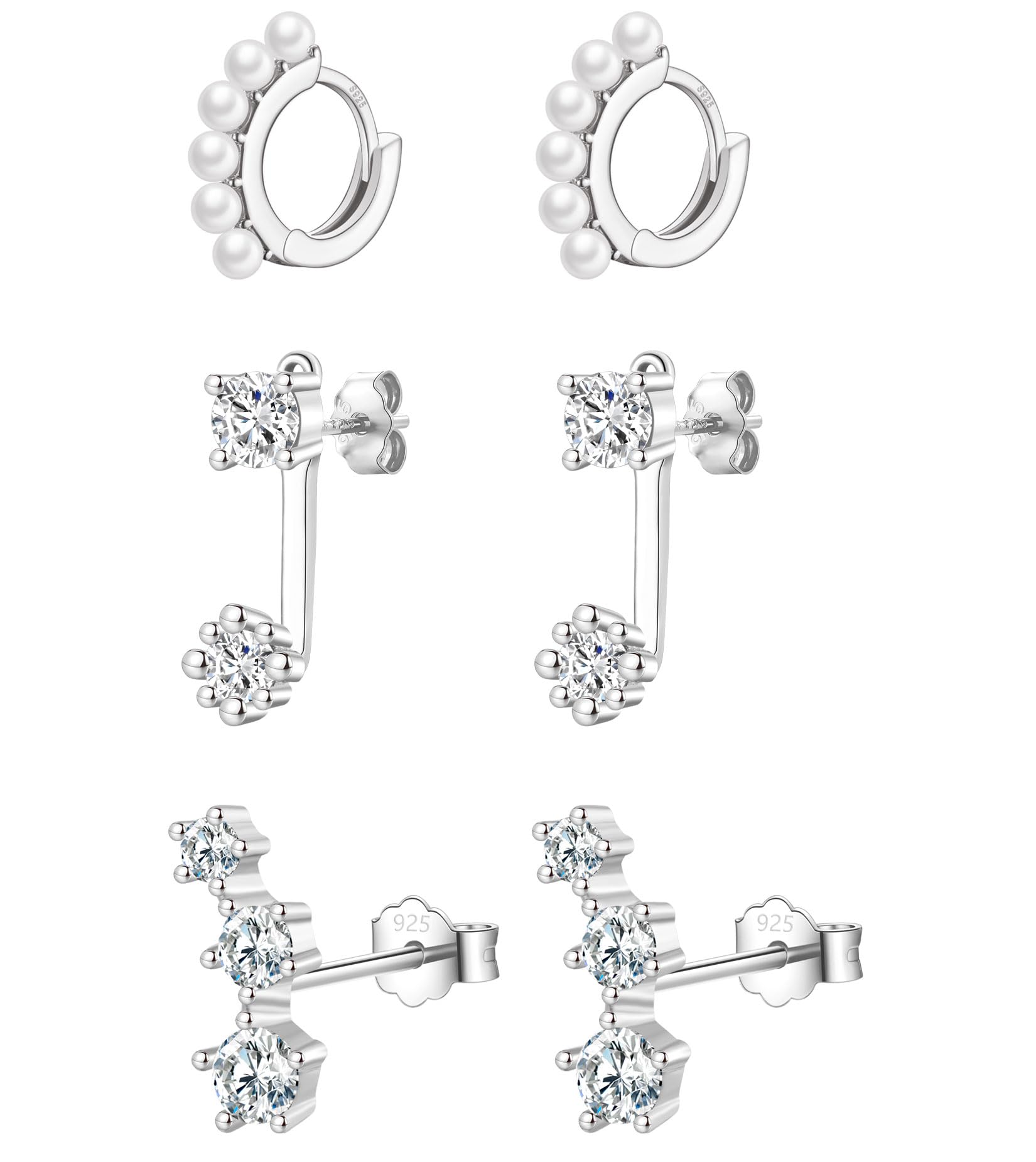 Sterling Silver Stud Earrings for Women- 3 Pairs CZ Cubic Zirconia Small Cartilage Stud Earrings Set, Silver/Gold