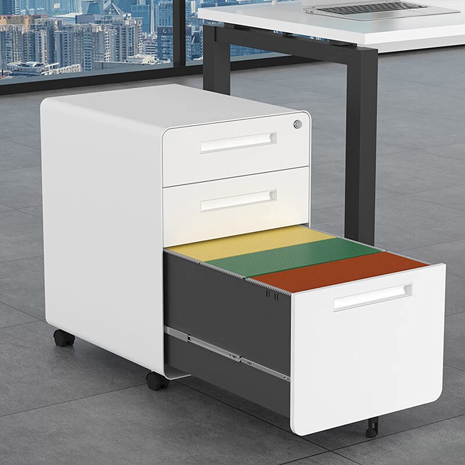 Armadio File di rotolamento Sicuro, stoccaggio di Metallo a 3 Drawer per L'Ufficio Domestico, organizzatore sotto scrivania con Ruote di bloccaggio, Soluzione di archiviazione Bianca