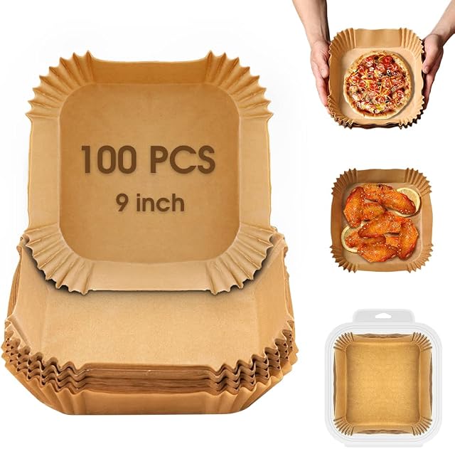 100pcs Air Fryer Paper Liners, 9inch Square Air Fryer Disposable Liners, Food Grade Parchment Paper Liners Oil-Proof Water-Proof for Air Fryer Microwave Oven