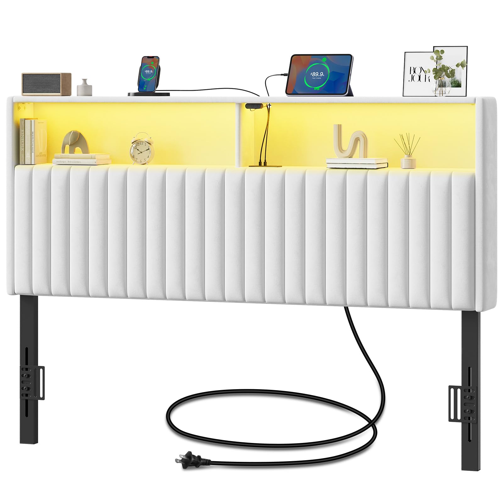 Rolanstar Headboard for Queen Size Bed with Storage, Velvet Upholstered Head Board with USB & Type C Port, 60,000 DIY Color of LED Light, Height