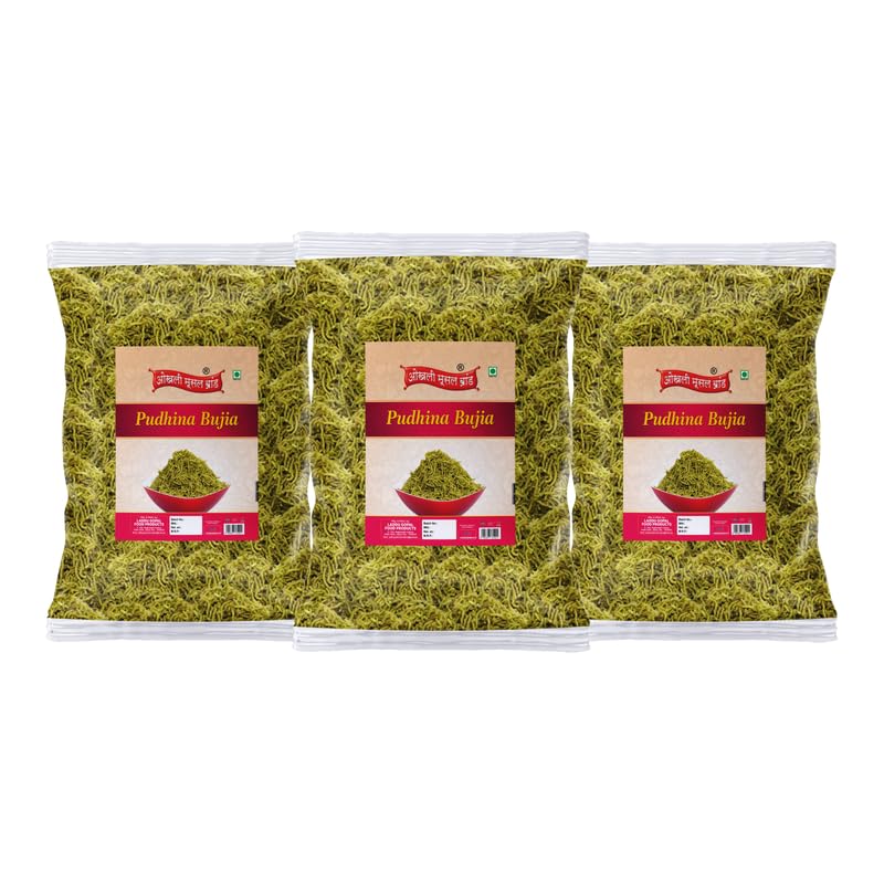 Image of OKHLI MUSAL BRAND Putiha Bhujia Bhujiya Namkeen Snack | Marwar Rajapuri Aloo Poodina Mint Bhujiya Bhujia | Festive Season Crunchy Munchy Snack Alu BHUJIYA BHUJIA Namkeen Savoury Snack-850g*3Pack