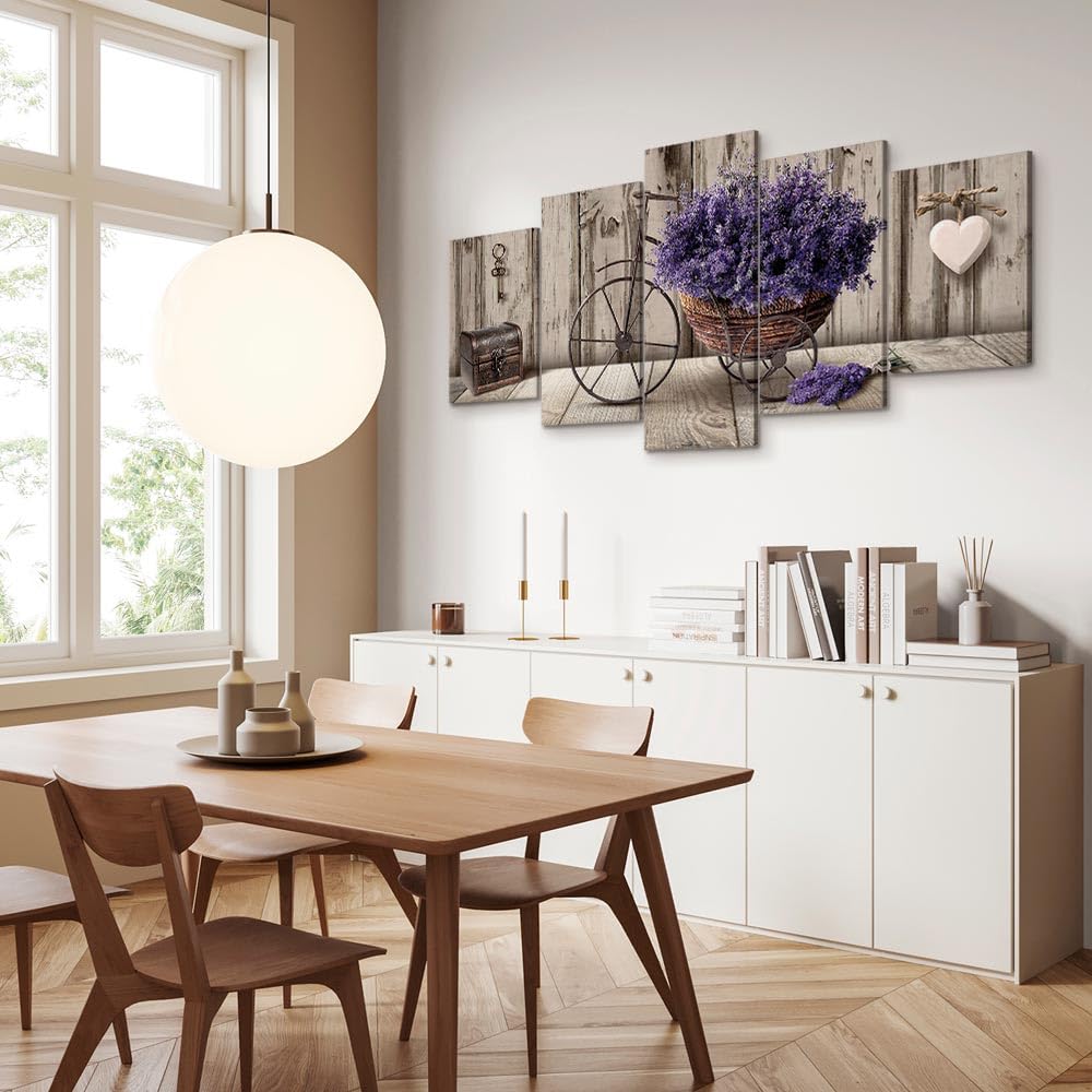 murando Cuadro en Lienzo Flores 150x75 cm 5 partes Impresión en Material no Tejido Cuadros salon modernos Grande Impresión Artística Decoracion de Pared Lavender Madera Corazon Bicicleta b-C-0644-b-m