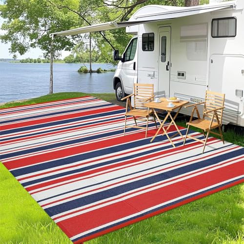 Outdoor Patio Rug 9x12 Stain-Resistant Reversible Camping Mat, Modern Striped Outdoor Plastic Straw Rug, Waterproof Outside Carpet, Easy to Clean for RV, Porch, Deck, Balcony, Red Blue White