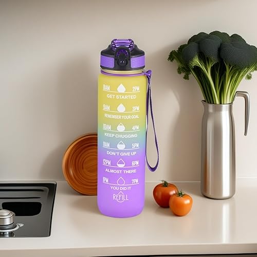 Miniatura 8 de Botella de agua de 33.8 fl oz, a prueba de fugas, libre de BPA y tóxicos, botella deportiva motivacional con tiempos para beber y pajita, fitness