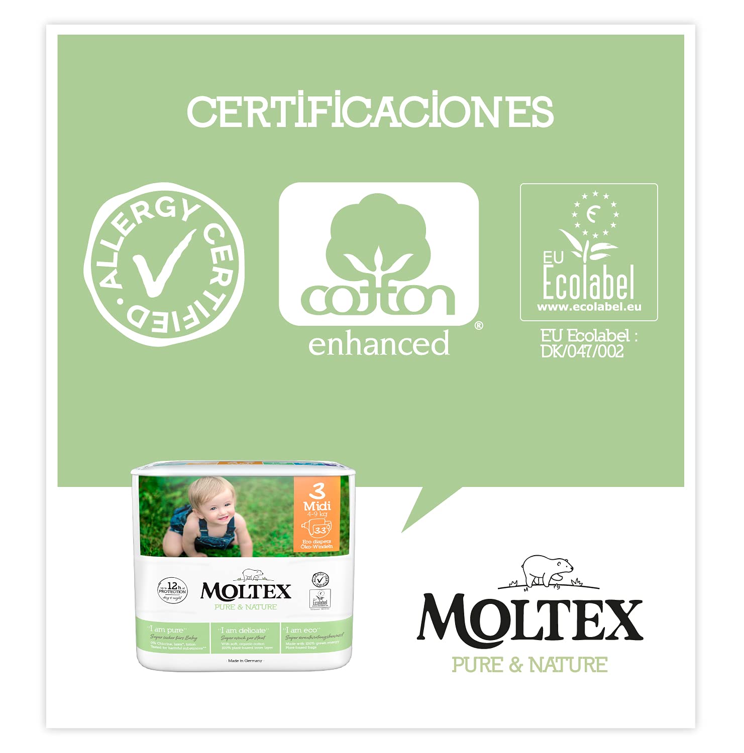 Moltex Pure & Nature Pañales Talla 3 (4-10 Kg) - 224 Pañales (4 Bolsas de 56 Unds)