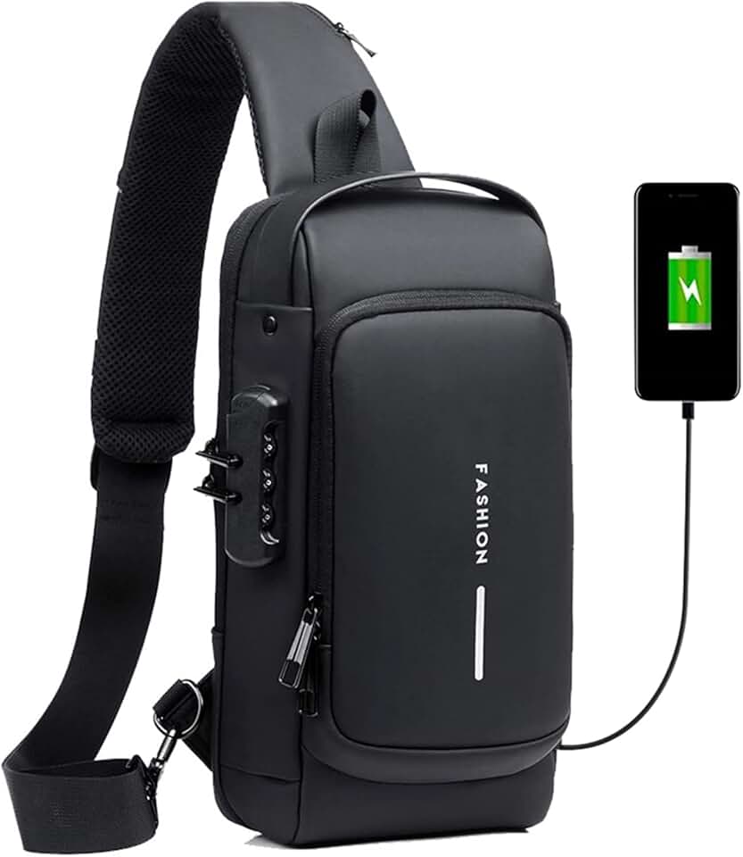 Mochila Masculina Transversal Compacta e Resistente Com Cadeado Bolsa Tiracolo Pochete Estilosa para Uso Diário, Viagens, Academia e Esportes, Alça Ajustável, Design Moderno.