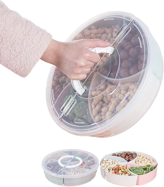 rismart Divided Serving Tray Platter with Lid Handle Storage Container 5 Plastic Compartment Box Clear Organizer for Candy, Fruits, Nuts, Snacks