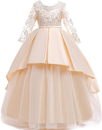 REXREII Flower Girls Tulle Dress Long Sleeve Lace Birthday Wedding Bridesmaid Party Prom Formal Dance Evening Ball Gown