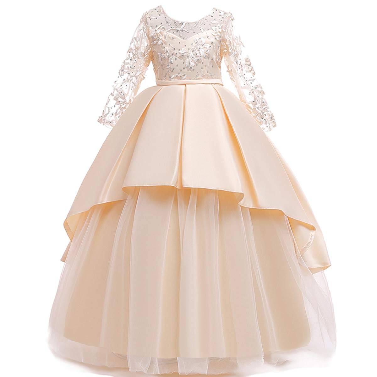 Wocinl Girls Champagne Flower Applique Lace Long Sleeve Tulle Dresses Princess Birthday Pageant Wedding Evening Communion Christmas Party Ball Gown 11-12 Years