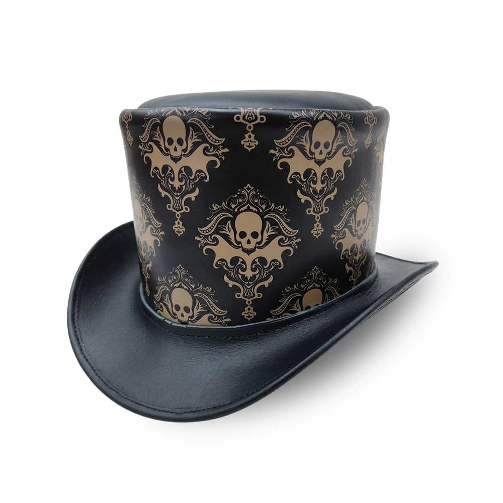 Sombrero de piel auténtica con diseño de calavera de damasco, estilo victoriano, formal, para fiestas temáticas y eventos