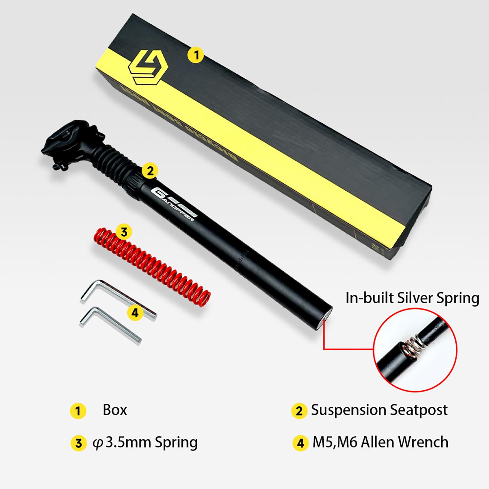 GANOPPER Sattelstütze Gefedert 25,4 mm Federsattelstütze und Absenkbar 350mm Länge Gefederte Sattelstütze 25 4 Fahrradsattel Gefedert Dämpfer 25.4 120kg Für Rennrad,Stadtrad (25.4*350mm) Sport & Freizeit