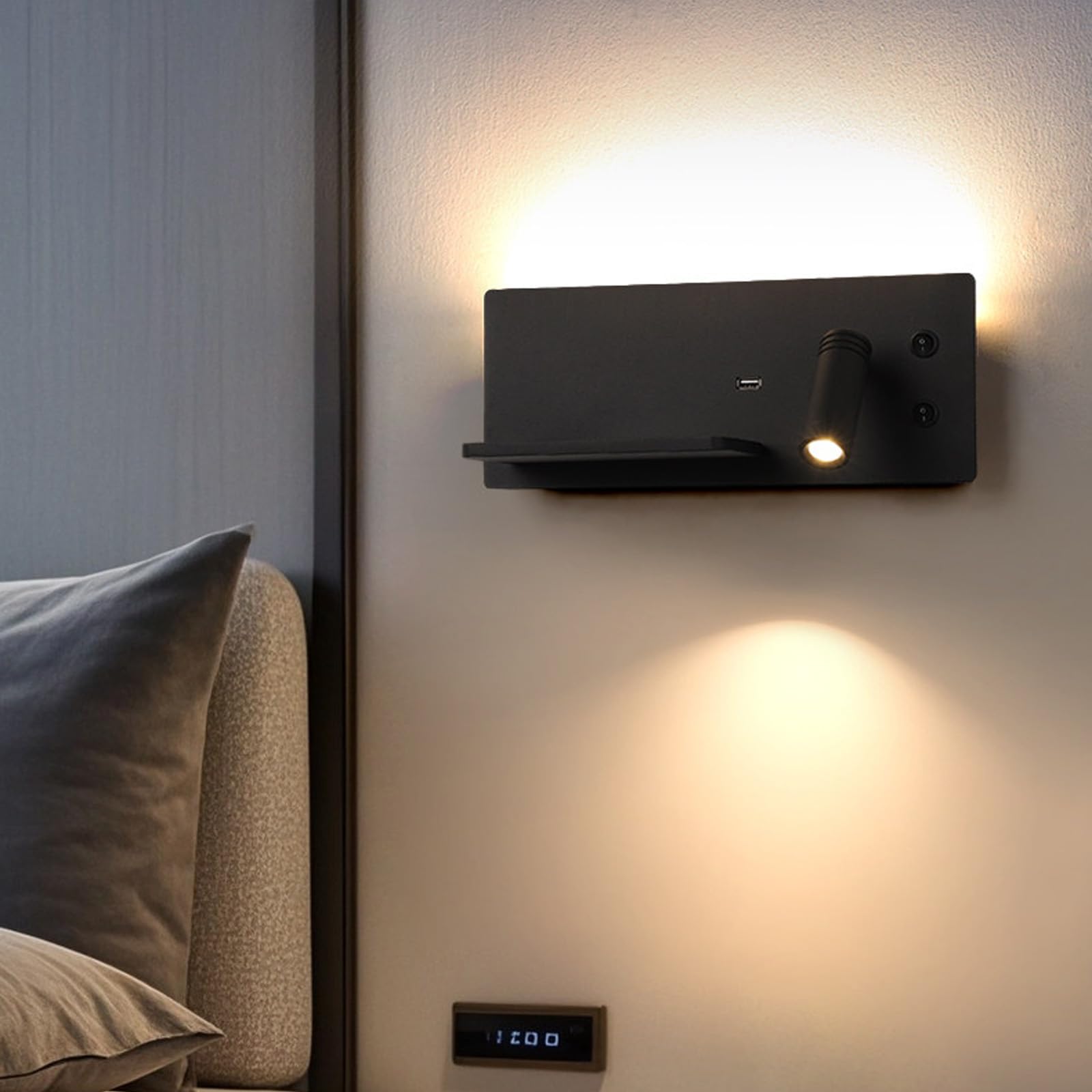 Lampa ścienna LED z przyłączem USB + bezprzewodowa ładowarka ścienna z przełącznikiem, oświetlenie ścienne 360° + 90°, obracana o 360° + 90°, lampa do czytania, do sypialni, zagłówka, hoteli (czarna